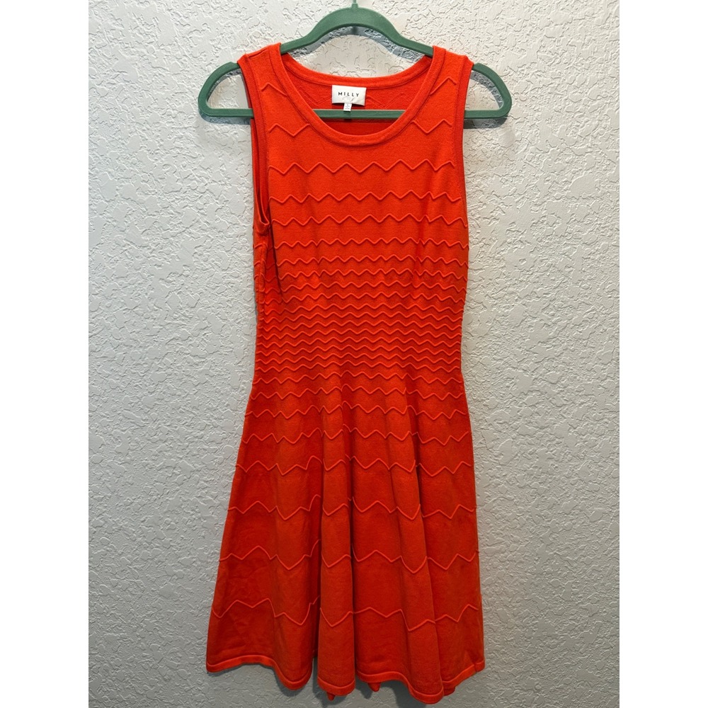 Milly Zig Zag Knit Fit & Flare Dress Large Orange Sleeveless Fall Preppy
